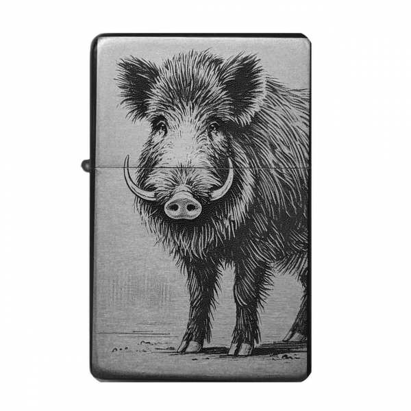 Keiler Wildschwein Feuerzeug mit Wildsaukopf Lineart, optional mit Textgravur