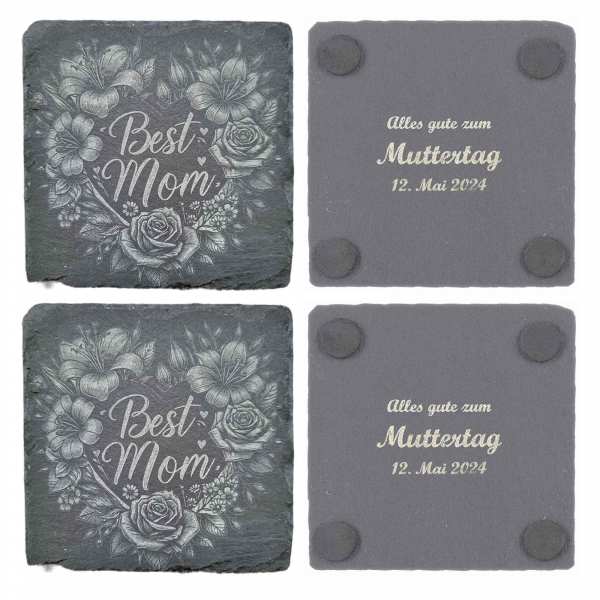 Set Best Mom Schiefer-Untersetzer personalisiertes Geschenk Muttertag quadratisch